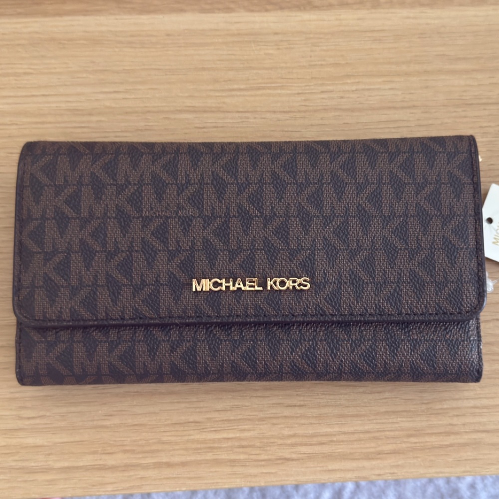 Michael Kors Brown Monogram Continental Wallet with Gold Logo